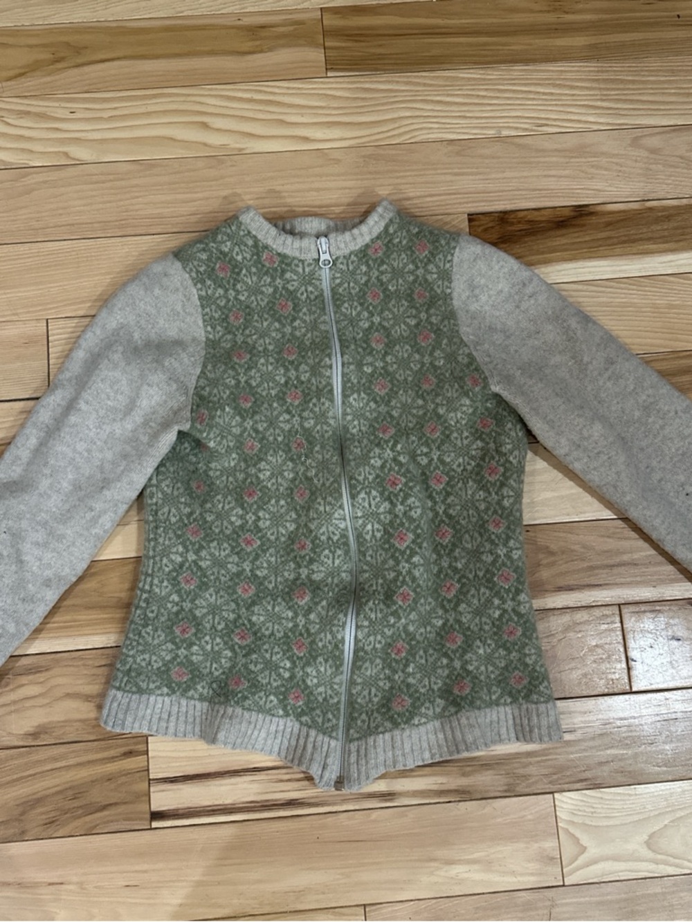 Woolrich Green Fair Isle Zip Cardigan with Pink Accents